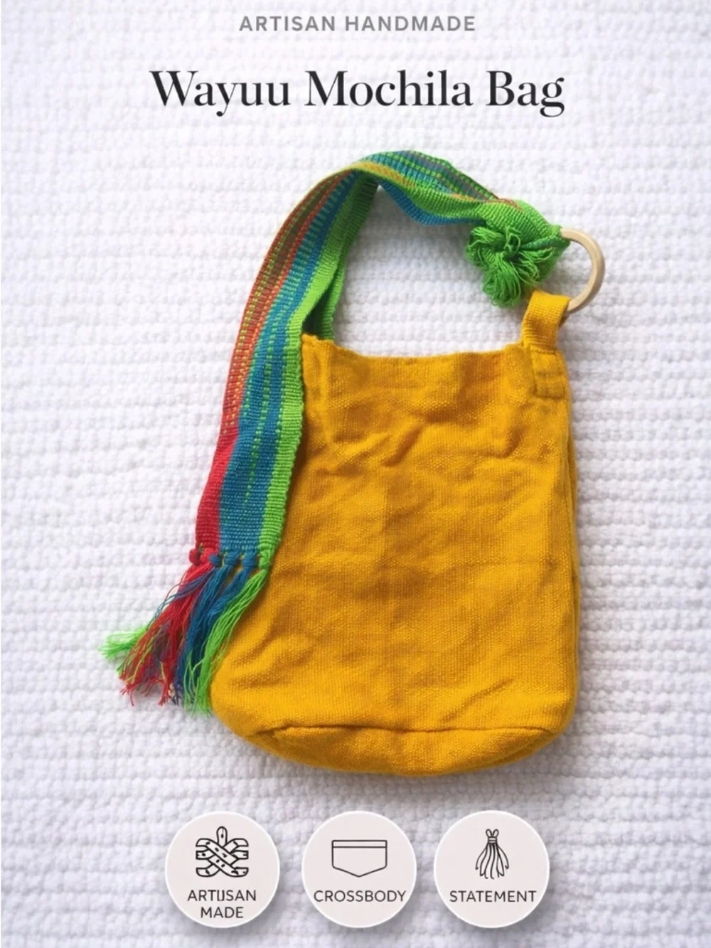 Wayuu Mochila Bag Handmade Boho Crossbody Yellow Woven Strap Artisan